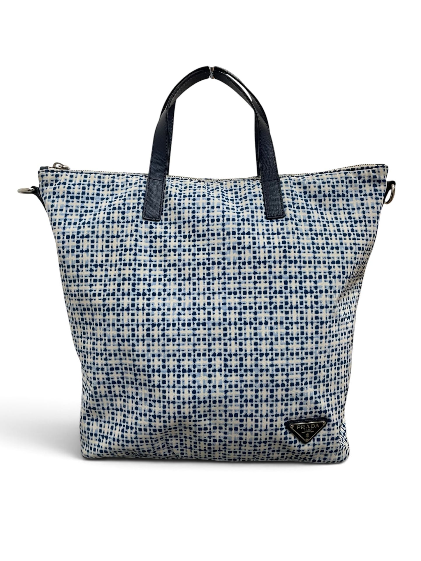 Borsa Prada tote nylon blu bianco vista retro