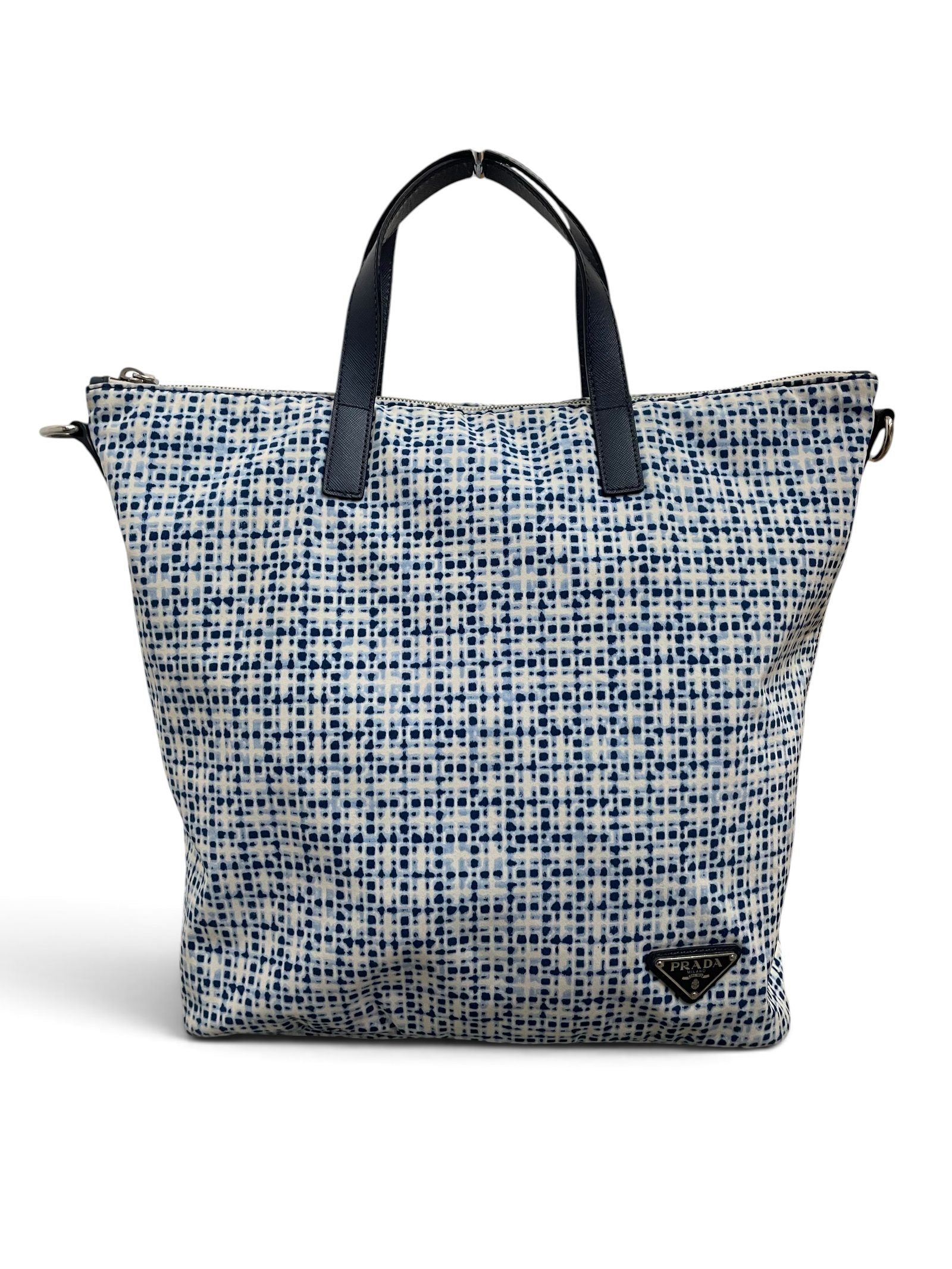 Borsa Prada tote nylon blu bianco vista retro