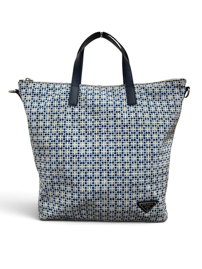 Borsa Prada tote nylon blu bianco vista retro