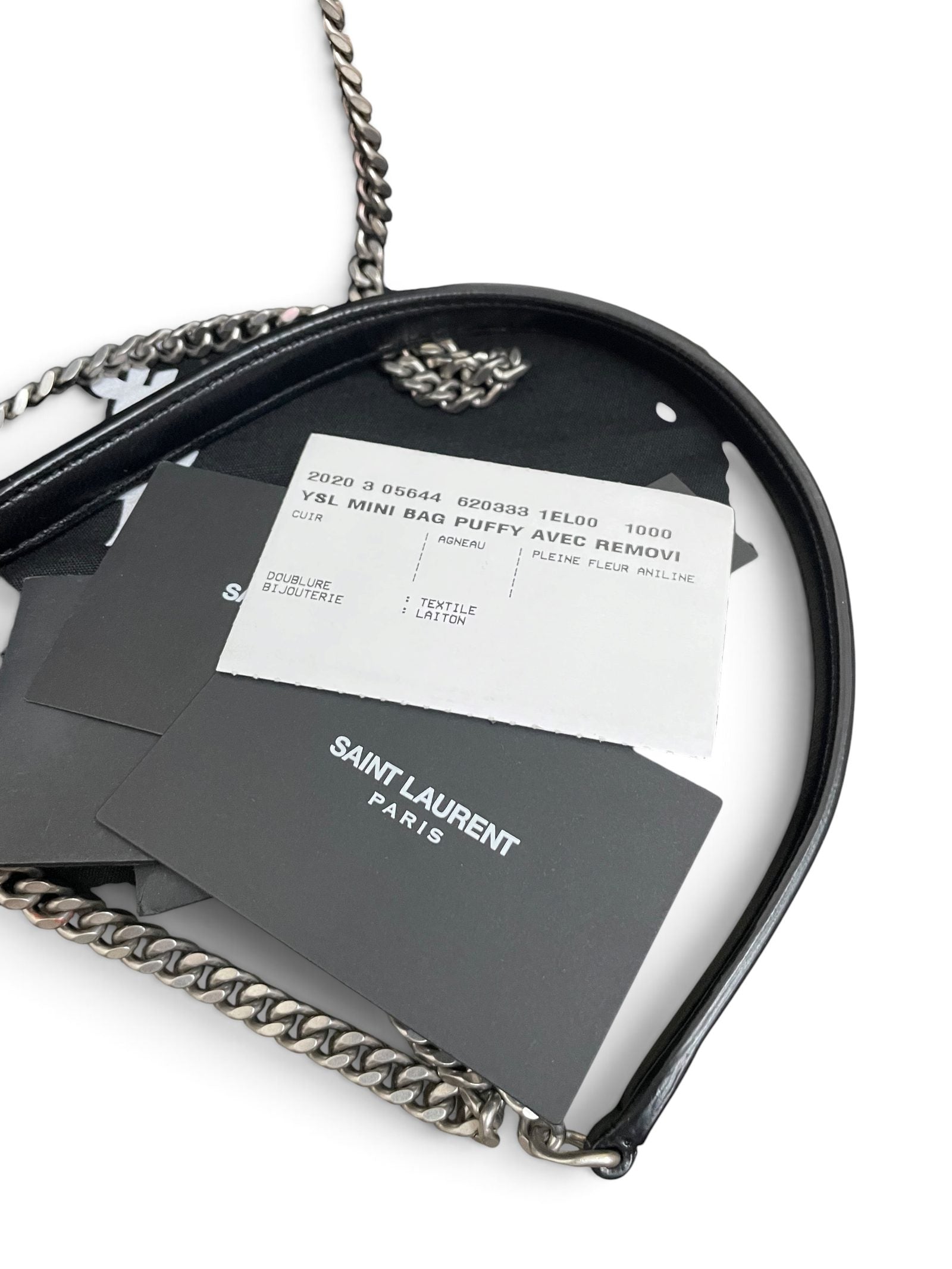 Cartellino originale YSL Mini Bag Puffy agnello argento