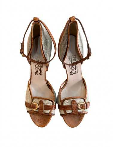 Salvatore Ferragamo sandali con tacco in tela e pelle mis. 8,5 - AgeVintage